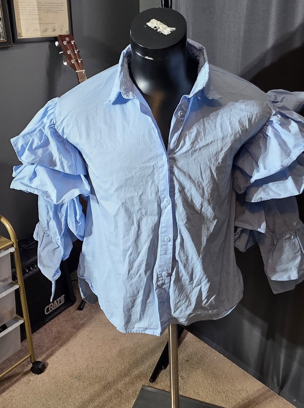Before You Light Blue Ruffle-Sleeve Button Down Shirt Small